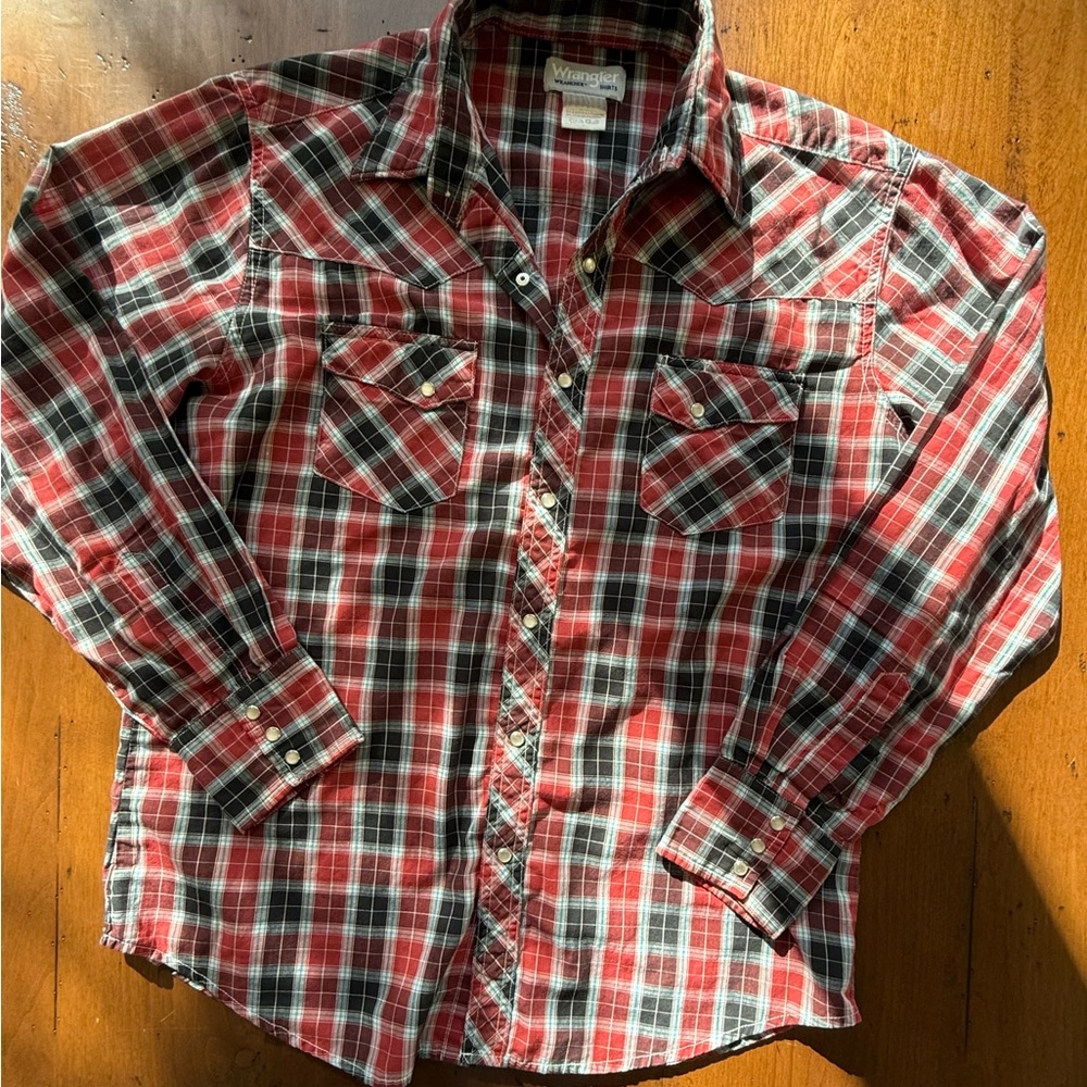 Vintage Western Cowboy Wrangler Red Plaid Pearl Snap Button-Up Shirt